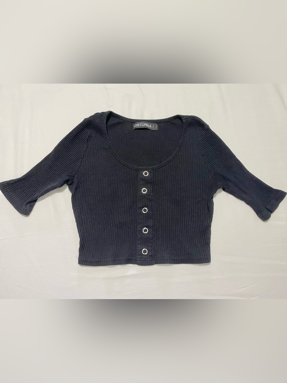 Disturbia Black Ribbed Crop Top with Silver Eyelets